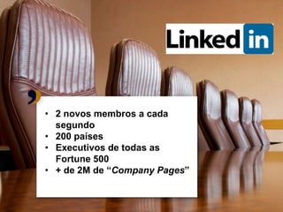• 2 novos membros a cada
  segundo
• 200 países
• Executivos de todas as
  Fortune 500
• + de 2M de “Company Pages”


                               25
 