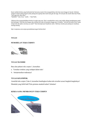 Kami melihat berlian yang berbentuk hati berwarna merah. Kita mengambilnya lalu kita turun hingga ke bawah. Sebelum
sampai di lantai paling bawah untuk pulang kita ngintip dulu masih ada gak tuh naga. Eh ternyata dia masih tidur kata Naila,
“heh naga kok suka tidur?”
“hahahha!!” kata Azza. “ssstttt…” kata Naila.
Akhirnya kita mengembalikkan berlian itu pada sang ratu. Dan ia memberikan cincin yang indah sebagai penghargaan untuk
kita berempat. Tiba-tiba kita bangun dan melihat kita tidur di kamarku hingga jam 10 malam. “loh kok kita ada di sini? kalau
mimpi kok aku pakai cincinnya ya aneh?” Kita berempat pun berpikiran sama. Akhirnya mereka pun pulang ke rumahnya
masing-masing.
http://cerpenmu.com/cerpen-persahabatan/negeri-berlian.html
TUGAS
PEMODELAN TEKS CERPEN
TUGAS MANDIRI
Baca dan pahami teks cerpen 1, kemudian:
a. Temukan struktur yang terdapat dalam teks!
b. Interpretasikan maknanya!
TUGAS KELOMPOK
Amatilah teks cerpen 2 dan 4, kemudian bandingkan kedua teks tersebut sesuai langkah-langkahnya!
Manakah yang lebih baik?Teks pertama ataukah kedua? Jelaskan!
KERJA SAMA MEMBANGUN TEKS CERPEN
 