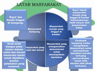 LATAR MASYARAKAT
Masyarakat
remaja yang
tinggal di
bandar.
Masyarakat yang
mengamalkan
demonstrasi
untuk
menunjukkan
bantahan
Masyarakat yang
cekal dan berani
Masyarakat
kampung
‘Saya’ dapati
masyarakat
remaja yang
tinggal di bandar
kebanyakannya
telah hanyut oleh
keseronokan
hidup.
‘Saya’ dan
bonda tinggal
di kampung.
Penduduk
kampung tradisi
mengadakan
demonstrasi untuk
menunjukkan
bantahan mereka
terhadap
pencerobohan
tanah milik
mereka oleh pihak
berkuasa.
Anak-anak
bangsa pada
zaman dahulu
cekal dan berani
meneroka hutan
untuk dijadikan
bandar
pelabuhan yang
terkenal.
 