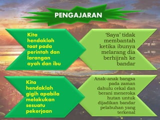 Anak-anak bangsa
pada zaman
dahulu cekal dan
berani meneroka
hutan untuk
dijadikan bandar
pelabuhan yang
terkenal
‘Saya’ tidak
membantah
ketika ibunya
melarang dia
berhijrah ke
bandar
PENGAJARAN
Kita
hendaklah
taat pada
perintah dan
larangan
ayah dan ibu
Kita
hendaklah
gigih apabila
melakukan
sesuatu
pekerjaan
 