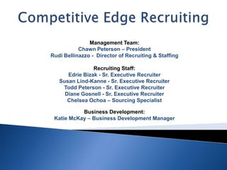 Competitive Edge Recruiting Management Team: Chawn Peterson – President  Rudi Bellinazzo -  Director of Recruiting & Staffing Recruiting Staff: Edrie Bizak - Sr. Executive Recruiter Susan Lind-Kanne - Sr. Executive Recruiter Todd Peterson - Sr. Executive Recruiter Diane Gosnell - Sr. Executive Recruiter Chelsea Ochoa – Sourcing Specialist Business Development: Katie McKay – Business Development Manager 