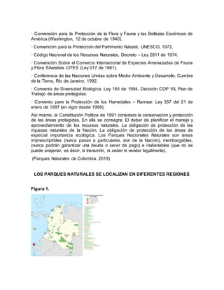 · Convención para la Protección de la Flora y Fauna y las Bellezas Escénicas de
América (Washington, 12 de octubre de 1940).
· Convención para la Protección del Patrimonio Natural, UNESCO, 1972.
· Código Nacional de los Recursos Naturales, Decreto – Ley 2811 de 1974.
· Convención Sobre el Comercio Internacional de Especies Amenazadas de Fauna
y Flora Silvestres CITES (Ley 017 de 1981).
· Conferencia de las Naciones Unidas sobre Medio Ambiente y Desarrollo. Cumbre
de la Tierra, Río de Janeiro, 1992.
· Convenio de Diversidad Biológica. Ley 165 de 1994. Decisión COP VII, Plan de
Trabajo de áreas protegidas.
· Convenio para la Protección de los Humedales – Ramsar. Ley 357 del 21 de
enero de 1997 (en vigor desde 1998).
Así mismo, la Constitución Política de 1991 considera la conservación y protección
de las áreas protegidas. En ella se consagra: El deber de planificar el manejo y
aprovechamiento de los recursos naturales. La obligación de protección de las
riquezas naturales de la Nación. La obligación de protección de las áreas de
especial importancia ecológica. Los Parques Nacionales Naturales son áreas
imprescriptibles (nunca pasan a particulares, son de la Nación), inembargables,
(nunca podrán garantizar una deuda o servir de pago) e inalienables (que no se
puede enajenar, es decir, ni transmitir, ni ceder ni vender legalmente).
(Parques Naturales de Colombia, 2019)
LOS PARQUES NATURALES SE LOCALIZAN EN DIFERENTES REGIONES
Figura 1.
 