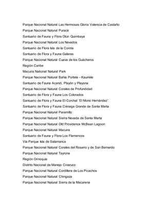 Parque Nacional Natural Las Hermosas Gloria Valencia de Castaño
Parque Nacional Natural Puracé
Santuario de Fauna y Flora Otún Quimbaya
Parque Nacional Natural Los Nevados
Santuario de Flora Isla de la Corota
Santuario de Flora y Fauna Galeras
Parque Nacional Natural Cueva de los Guácharos
Región Caribe
Macuira National Natural Park
Parque Nacional Natural Bahía Portete - Kaurrele
Santuario de Fauna Acandí, Playón y Playona
Parque Nacional Natural Corales de Profundidad
Santuario de Flora y Fauna Los Colorados
Santuario de Flora y Fauna El Corchal ¨El Mono Hernández¨
Santuario de Flora y Fauna Ciénaga Grande de Santa Marta
Parque Nacional Natural Paramillo
Parque Nacional Natural Sierra Nevada de Santa Marta
Parque Nacional Natural Old Providence McBean Lagoon
Parque Nacional Natural Macuira
Santuario de Fauna y Flora Los Flamencos
Vía Parque Isla de Salamanca
Parque Nacional Natural Corales del Rosario y de San Bernardo
Parque Nacional Natural Tayrona
Región Orinoquía
Distrito Nacional de Manejo Cinaruco
Parque Nacional Natural Cordillera de Los Picachos
Parque Nacional Natural Chingaza
Parque Nacional Natural Sierra de la Macarena
 