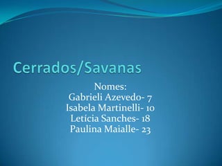 Nomes:
Gabrieli Azevedo- 7
Isabela Martinelli- 10
Letícia Sanches- 18
Paulina Maialle- 23
 