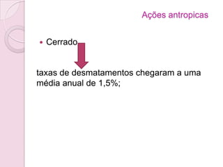  Cerrado
taxas de desmatamentos chegaram a uma
média anual de 1,5%;
Ações antropicas
 