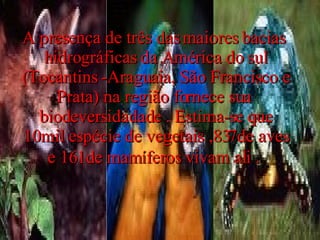 A presença de três das maiores bacias  hidrográficas da América do sul (Tocantins -Araguaia, São Francisco e Prata) na região fornece sua  biodeversidadade . Estima-se que 10mil espécie de vegetais ,837de aves e 161de mamíferos vivam ali .   