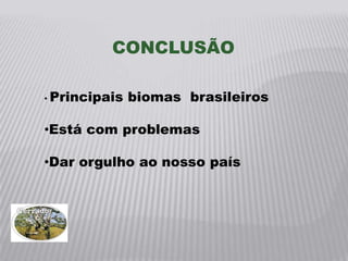 CONCLUSÃO

• Principais   biomas brasileiros

•Está com problemas

•Dar orgulho ao nosso país
 