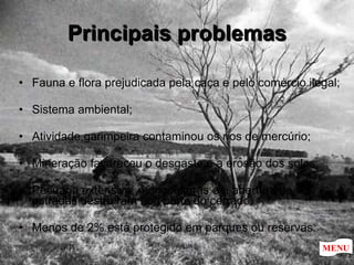 Principais problemas Fauna e flora prejudicada pela caça e pelo comércio ilegal; Sistema ambiental; Atividade garimpeira contaminou os rios de mercúrio; Mineração favoreceu o desgaste e a erosão dos solos; Pecuária extensiva, monoculturas e a abertura de estradas destruíram boa parte do cerrado.  Menos de 2% está protegido em parques ou reservas.  MENU 