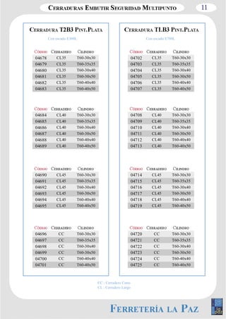11 
Con escudo E300L Con escudo E700L 
04678 CL35 T60­30x30 
04679 CL35 T60­35x35 
04680 CL35 T60­30x40 
04681 CL35 T60­30x50 
04682 CL35 T60­40x40 
04683 CL35 T60­40x50 
04684 CL40 T60­30x30 
04685 CL40 T60­35x35 
04686 CL40 T60­30x40 
04687 CL40 T60­30x50 
04688 CL40 T60­40x40 
04689 CL40 T60­40x50 
04690 CL45 T60­30x30 
04691 CL45 T60­35x35 
04692 CL45 T60­30x40 
04693 CL45 T60­30x50 
04694 CL45 T60­40x40 
04695 CL45 T60­40x50 
04696 CC T60­30x30 
04697 CC T60­35x35 
04698 CC T60­30x40 
04699 CC T60­30x50 
04700 CC T60­40x40 
04701 CC T60­40x50 
04702 CL35 T60­30x30 
04703 CL35 T60­35x35 
04704 CL35 T60­30x40 
04705 CL35 T60­30x50 
04706 CL35 T60­40x40 
04707 CL35 T60­40x50 
04708 CL40 T60­30x30 
04709 CL40 T60­35x35 
04710 CL40 T60­30x40 
04711 CL40 T60­30x50 
04712 CL40 T60­40x40 
04713 CL40 T60­40x50 
04714 CL45 T60­30x30 
04715 CL45 T60­35x35 
04716 CL45 T60­30x40 
04717 CL45 T60­30x50 
04718 CL45 T60­40x40 
04719 CL45 T60­40x50 
04720 CC T60­30x30 
04721 CC T60­35x35 
04722 CC T60­30x40 
04723 CC T60­30x50 
04724 CC T60­40x40 
04725 CC T60­40x50 
CC : Cerradero Corto 
CL : Cerradero Largo 
 