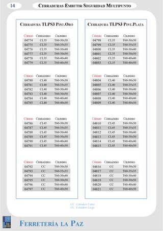 14 
04774 CL35 T60­30x30 
04775 CL35 T60­35x35 
04776 CL35 T60­30x40 
04777 CL35 T60­30x50 
04778 CL35 T60­40x40 
04779 CL35 T60­40x50 
04780 CL40 T60­30x30 
04781 CL40 T60­35x35 
04782 CL40 T60­30x40 
04783 CL40 T60­30x50 
04784 CL40 T60­40x40 
04785 CL40 T60­40x50 
04786 CL45 T60­30x30 
04787 CL45 T60­35x35 
04788 CL45 T60­30x40 
04789 CL45 T60­30x50 
04790 CL45 T60­40x40 
04791 CL45 T60­40x50 
04792 CC T60­30x30 
04793 CC T60­35x35 
04794 CC T60­30x40 
04795 CC T60­30x50 
04796 CC T60­40x40 
04797 CC T60­40x50 
04798 CL35 T60­30x30 
04799 CL35 T60­35x35 
04800 CL35 T60­30x40 
04801 CL35 T60­30x50 
04802 CL35 T60­40x40 
04803 CL35 T60­40x50 
04804 CL40 T60­30x30 
04805 CL40 T60­35x35 
04806 CL40 T60­30x40 
04807 CL40 T60­30x50 
04808 CL40 T60­40x40 
04809 CL40 T60­40x50 
04810 CL45 T60­30x30 
04811 CL45 T60­35x35 
04812 CL45 T60­30x40 
04813 CL45 T60­30x50 
04814 CL45 T60­40x40 
04815 CL45 T60­40x50 
04816 CC T60­30x30 
04817 CC T60­35x35 
04818 CC T60­30x40 
04819 CC T60­30x50 
04820 CC T60­40x40 
04821 CC T60­40x50 
CC : Cerradero Corto 
CL : Cerradero Largo 
 