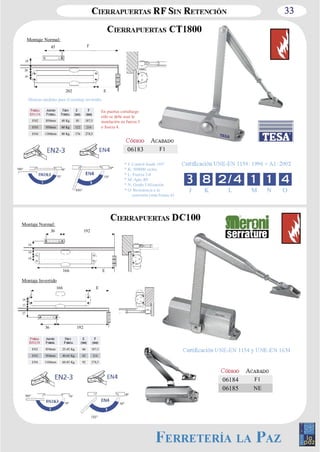 33 
* J: Control desde 105º 
* K: 500000 ciclos 
* L: Fuerza 2­4 
* M: Apto RF 
* N: Grado Utilización 
* O: Resistencia a la 
corrosión (min:0,max:4) 
J K L M N O 
Montaje Normal: 
45 
202 E 
18 
26 
19 
F 
Mismas medidas para el montaje invertido. 
EN2 850mm 40 Kg 85 187,5 
EN3 950mm 60 Kg 122 216 
EN4 1100mm 80 Kg 176 278,5 
En puertas cortafuego 
sólo se debe usar la 
instalación en fuerza 3 
o fuerza 4. 
36 
166 E 
EN2 850mm 25­45 
Kg 66 187,5 
EN3 950mm 40­65 
Kg 82 216 
EN4 1100mm 60­85 
Kg 92 278,5 
14 
19 
19 
192 
36 192 
19 
13 
27 
166 E 
Montaje Normal: 
Montaje Invertido 
06184 F1 
06185 NE 
06183 F1 
 