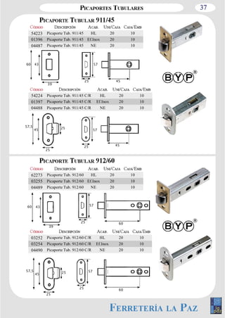 37 
54223 Picaporte Tub. 911/45 HL 20 10 
01396 Picaporte Tub. 911/45 Ef.Inox 20 10 
04487 Picaporte Tub. 911/45 NE 20 10 
45 
39 
60 43 
54224 Picaporte Tub. 911/45 C/R HL 20 10 
01397 Picaporte Tub. 911/45 C/R Ef.Inox 20 10 
04488 Picaporte Tub. 911/45 C/R NE 20 10 
62273 Picaporte Tub. 912/60 HL 20 10 
03255 Picaporte Tub. 912/60 Ef.Inox 20 10 
04489 Picaporte Tub. 912/60 NE 20 10 
03252 Picaporte Tub. 912/60 C/R HL 20 10 
03254 Picaporte Tub. 912/60 C/R Ef.Inox 20 10 
04490 Picaporte Tub. 912/60 C/R NE 20 10 
60 
25 
39 
25 
60 43 
57,5 
45 25 
57,5 
45 25 
45 
60 
25 
57 
25 
57 
25 
57 
25 
57 
 