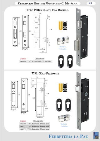 43 
177 
31 
04469 7792. P/Deslizante. 25 mm Inox 
51 
22 
24 
235 
45 
30,5 
48,5 
40,7 
16 
70 
5 
31 
30 
25 
40 
174 
2,5 
177 235 
24 
30,5 
82 
32 
174 
2,5 
04470 7791. Resbalón. 25 mm Inox 
04471 7791. Resbalón. 30 mm Inox 
04472 7791. Resbalón. 35 mm Inox 
22 
47 
27 
160 
30,5 
8 
58 
25;30;35 
40;45;50 
Incluye 
Cilindro 
Incluye 
Cilindro 
 