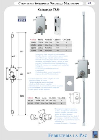 47 
65050 DCHA Pint.Oro T60 4 
65051 IZDA Pint.Oro T60 4 
02438 DCHA Pint.Plata T60 4 
02439 IZDA Pint.Plata T60 4 
• Palancas con placas antisierra en acero templado. 
• Cerraderos laterales conformando una caja cerrada de 
acero reforzado que impide el apalancamiento. 
• Puntos de anclaje alto y bajo, en acero carbonitrurado. 
Se incluyen los cerraderos superior e inferior, de acero 
reforzado. Cerradero inferior con placa guardapolvos. 
• Fallebas de conexión entre puntos de cierre ocultas bajo 
cubre­barras. 
• Escudo de seguridad ESTS antitaladro 
y antimordaza. 
• El cilindro estándar permite la instalación 
en puertas de hasta 48mm de anchura. 
• Escudo de protección exterior con placa de acero 
templado de 4mm. de espesor. 
• Funda de cilindro de acero niquelado. 
• Protector cañuto de acero niquelado de 3mm de espesor 
• Funda exterior en latón barnizado. 
66059 DCHA Pint.Oro T60 Reg. 4 
66060 IZDA Pint.Oro T60 Reg. 4 
• Para espesores de puerta superiores, 
existen a su disposición cilindros con 
lengüeta regulable, que cubren hasta 
80 mm. de espesor de puerta. 
• Picaporte accionable con llave desde el 
exterior y con tirador desde el interior. 
• Acabado de cajas y cubrebarras en acero 
esmaltado oro. 
• Acabado del escudo ESTS en latón. 
 
