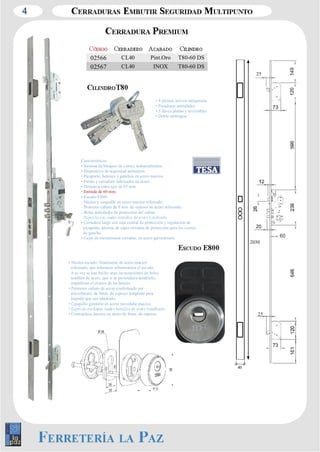 4 
02566 CL40 Pint.Oro T80­60 
• 8 pitones activos antiganzúa 
• Pasadores antitaladro 
• 5 llaves planas y reversibles 
• Doble embrague 
Características: 
• Sistema de bloqueo de cierres independientes. 
• Dispositivo de seguridad antitarjeta. 
• Picaporte, bulones y ganchos en acero macizo. 
• Frente y cerradero fabricados en acero. 
• Distancia entre ejes de 85 mm. 
• Entrada de 60 mm. 
• Escudo E800: 
­Núcleo 
y casquillo en acero macizo reforzado. 
­Protector 
cañuto de 9 mm. de espesor en acero reforzado. 
­Bolas 
antitaladro de protección del cañón. 
• Cerradero largo con caja central de protección y regulación de 
picaporte, además de cajas cerradas de protección para los cierres 
de gancho. 
• Cajas de mecanismos cerradas, en acero galvanizado. 
DS 
02567 CL40 INOX T80­60 
DS 
• Núcleo escudo: Totalmente de acero macizo 
reforzado, que robustece sobremanera el escudo. 
A su vez se han hecho unas incrustaciones de bolas 
también de acero, que si se pretendiera taladrarlo, 
impedirían el avance de las brocas. 
• Protector cañuto de acero conformado por 
microfusión, de 9mm. de espesor templado para 
impedir que sea taladrado. 
• Casquillo giratorio en acero inoxidabe macizo. 
• Contraplaca interior en acero de 4mm. de espesor. 
40 
25 
2030 
25 
 