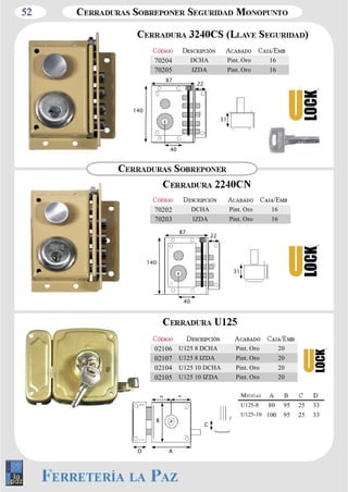 52 
70204 DCHA Pint. Oro 16 
70205 IZDA Pint. Oro 16 
87 
140 
22 
40 
31 
87 
140 
22 
40 
31 
70202 DCHA Pint. Oro 16 
70203 IZDA Pint. Oro 16 
02106 U125 8 DCHA Pint. Oro 20 
02107 U125 8 IZDA Pint. Oro 20 
02104 U125 10 DCHA Pint. Oro 20 
02105 U125 10 IZDA Pint. Oro 20 
U125­8 
80 95 25 33 
U125­10 
100 95 25 33 
D 
= 
A 
C 
= 
B 
 