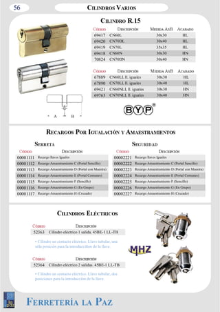 56 
69417 CN60L 30x30 HL 
69420 CN70DL 30x40 HL 
69419 CN70L 35x35 HL 
69418 CN60N 30x30 HN 
70824 CN70DN 30x40 HN 
67889 CN60LL ll. iguales 30x30 HL 
67890 CN70LL ll. iguales 30x40 HL 
69421 CN60NLL ll. iguales 30x30 HN 
69763 CN70NLL ll. iguales 30x40 HN 
A B 
00001111 Recargo llaves Iguales 
00001112 Recargo Amaestramiento C (Portal Sencillo) 
00001113 Recargo Amaestramiento D (Portal con Maestra) 
00001114 Recargo Amaestramiento E (Portal Comunes) 
00001115 Recargo Amaestramiento F (Sencillo) 
00001116 Recargo Amaestramiento G (En Grupo) 
00001117 Recargo Amaestramiento H (Cruzado) 
52363 Cilindro eléctrico 1 salida. 45BE­1 
LL­TB 
00002221 Recargo llaves Iguales 
00002222 Recargo Amaestramiento C (Portal Sencillo) 
00002223 Recargo Amaestramiento D (Portal con Maestra) 
00002224 Recargo Amaestramiento E (Portal Comunes) 
00002225 Recargo Amaestramiento F (Sencillo) 
00002226 Recargo Amaestramiento G (En Grupo) 
00002227 Recargo Amaestramiento H (Cruzado) 
• Cilindro un contacto eléctrico. Llave tubular, una 
sóla posición para la introducciñon de la llave. 
52364 Cilindro eléctrico 2 salidas. 45BE­1 
LL­TB 
• Cilindro un contacto eléctrico. Llave tubular, dos 
posiciones para la introducción de la llave. 
 