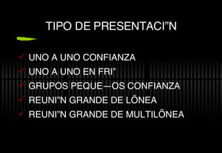 TIPO DE PRESENTACIÓN UNO A UNO CONFIANZA UNO A UNO EN FRIÓ GRUPOS PEQUEÑOS CONFIANZA REUNIÓN GRANDE DE LÍNEA REUNIÓN GRANDE DE MULTILÍNEA 