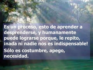 Es un proceso, esto de aprender a
desprenderse, y humanamente
puede lograrse porque, le repito,
¡nada ni nadie nos es indispensable!
Sólo es costumbre, apego,
necesidad.
 