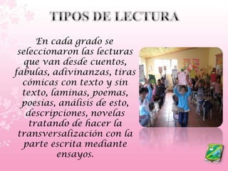 TIPOS DE LECTURA   En cada grado se seleccionaron las lecturas que van desde cuentos, fabulas, adivinanzas, tiras cómicas con texto y sin texto, laminas, poemas, poesías, análisis de esto, descripciones, novelas tratando de hacer la transversalización con la parte escrita mediante ensayos.
