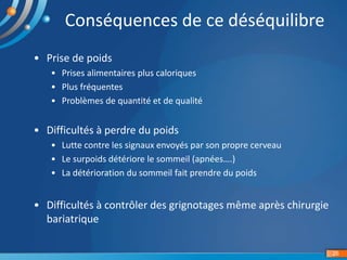 26
Conséquences de ce déséquilibre
• Prise de poids
• Prises alimentaires plus caloriques
• Plus fréquentes
• Problèmes de quantité et de qualité
• Difficultés à perdre du poids
• Lutte contre les signaux envoyés par son propre cerveau
• Le surpoids détériore le sommeil (apnées….)
• La détérioration du sommeil fait prendre du poids
• Difficultés à contrôler des grignotages même après chirurgie
bariatrique
 