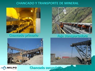 Chancado secundario
Chancado primario Faja transportadora
CHANCADO Y TRANSPORTE DE MINERAL
 