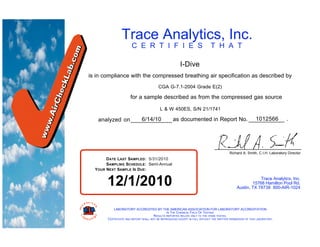 Trace Analytics, Inc.
                           C E R T I F I E S                                    T H A T
.
                                                            I-Dive
    is in compliance with the compressed breathing air specification as described by
                                             CGA G-7.1-2004 Grade E(2)

                          for a sample described as from the compressed gas source

                                              L & W 450ES, S/N 21/1741

       analyzed on                6/14/10              as documented in Report No.                             1012566          .




                                                                                             Richard A. Smith, C.I.H. Laboratory Director
           D ATE LAST SAMPLED: 5/31/2010
           SAMPLING SCHEDULE: Semi-Annual
      YOUR NEXT SAMPLE IS DUE:


           12/1/2010                                                                                          Trace Analytics, Inc.
                                                                                                          15768 Hamilton Pool Rd.
                                                                                                  Austin, TX 78738 800-AIR-1024



               LABORATORY ACCREDITED BY THE AMERICAN ASSOCIATION FOR LABORATORY ACCREDITATION
                                          IN THE CHEMICAL FIELD OF TESTING
                                  RESULTS REPORTED RELATE ONLY TO THE ITEMS TESTED.
           CERTIFICATE AND REPORT SHALL NOT BE REPRODUCED EXCEPT IN FULL WITHOUT THE WRITTEN PERMISSION OF THIS LABORATORY.
 