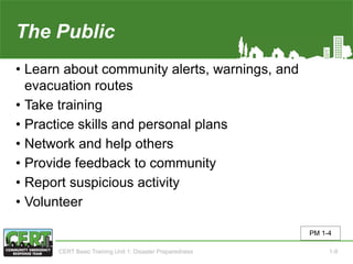 The Public
• Learn about community alerts, warnings, and
evacuation routes
• Take training
• Practice skills and personal plans
• Network and help others
• Provide feedback to community
• Report suspicious activity
• Volunteer
PM 1-4
CERT Basic Training Unit 1: Disaster Preparedness 1-9
 
