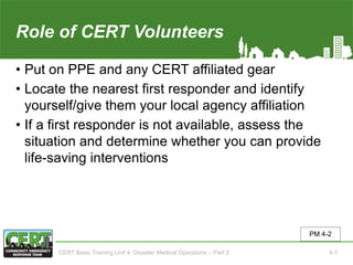 Role of CERT Volunteers(1 of 2)
• Put on PPE and any CERT affiliated gear
• Locate the nearest first responder and identify
yourself/give them your local agency affiliation
• If a first responder is not available, assess the
situation and determine whether you can provide
life-saving interventions
PM 4-2
CERT Basic Training Unit 4: Disaster Medical Operations – Part 2 4-7
 