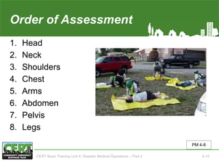 Order of Assessment
1. Head
2. Neck
3. Shoulders
4. Chest
5. Arms
6. Abdomen
7. Pelvis
8. Legs
PM 4-8
CERT Basic Training Unit 4: Disaster Medical Operations – Part 2 4-15
 