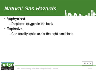 Natural Gas Hazards
• Asphyxiant
‒ Displaces oxygen in the body
• Explosive
‒ Can readily ignite under the right conditions
PM 6-15
CERT Basic Training Unit 6: Fire Safety and Utility Controls 6-18
 