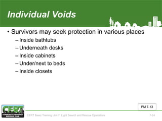 Individual Voids
• Survivors may seek protection in various places
‒ Inside bathtubs
‒ Underneath desks
‒ Inside cabinets
‒ Under/next to beds
‒ Inside closets
PM 7-13
CERT Basic Training Unit 7: Light Search and Rescue Operations 7-24
 
