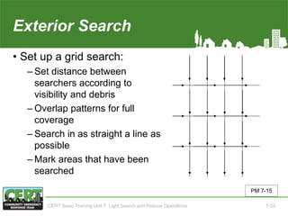 Exterior Search
• Set up a grid search:
‒ Set distance between
searchers according to
visibility and debris
‒ Overlap patterns for full
coverage
‒ Search in as straight a line as
possible
‒ Mark areas that have been
searched
PM 7-15
CERT Basic Training Unit 7: Light Search and Rescue Operations 7-32
 