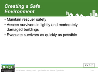 Creating a Safe
Environment
• Maintain rescuer safety
• Assess survivors in lightly and moderately
damaged buildings
• Evacuate survivors as quickly as possible
PM 7-17
CERT Basic Training Unit 7: Light Search and Rescue Operations 7-35
 