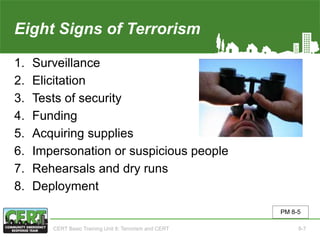 Eight Signs of Terrorism
1. Surveillance
2. Elicitation
3. Tests of security
4. Funding
5. Acquiring supplies
6. Impersonation or suspicious people
7. Rehearsals and dry runs
8. Deployment
PM 8-5
CERT Basic Training Unit 8: Terrorism and CERT 8-7
 