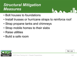 Structural Mitigation
Measures
• Bolt houses to foundations
• Install trusses or hurricane straps to reinforce roof
• Strap propane tanks and chimneys
• Strap mobile homes to their slabs
• Raise utilities
• Build a safe room
PM 1-20
CERT Basic Training Unit 1: Disaster Preparedness 1-27
 
