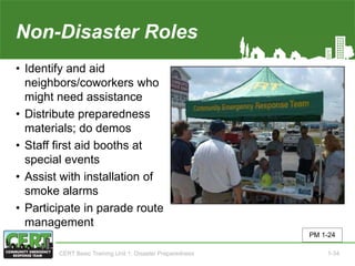 Non-Disaster Roles
• Identify and aid
neighbors/coworkers who
might need assistance
• Distribute preparedness
materials; do demos
• Staff first aid booths at
special events
• Assist with installation of
smoke alarms
• Participate in parade route
management
PM 1-24
CERT Basic Training Unit 1: Disaster Preparedness 1-34
 