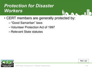 Protection for Disaster
Workers
• CERT members are generally protected by:
‒ “Good Samaritan” laws
‒ Volunteer Protection Act of 1997
‒ Relevant State statutes
PM 1-24
CERT Basic Training Unit 1: Disaster Preparedness 1-35
 