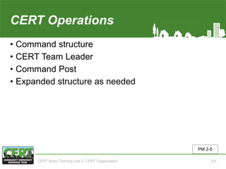 CERT Operations
• Command structure
• CERT Team Leader
• Command Post
• Expanded structure as needed
CERT Basic Training Unit 2: CERT Organization
PM 2-5
2-6
 