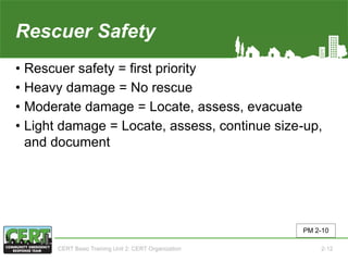 Rescuer Safety
• Rescuer safety = first priority
• Heavy damage = No rescue
• Moderate damage = Locate, assess, evacuate
• Light damage = Locate, assess, continue size-up,
and document
PM 2-10
CERT Basic Training Unit 2: CERT Organization 2-12
 