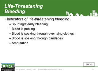 Life-Threatening
Bleeding
• Indicators of life-threatening bleeding:
‒ Spurting/steady bleeding
‒ Blood is pooling
‒ Blood is soaking through over lying clothes
‒ Blood is soaking through bandages
‒ Amputation
PM 3-3
CERT Basic Training Unit 3: Disaster Medical Operations – Part 1 3-5
 