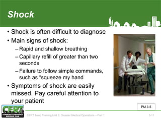 Shock
• Shock is often difficult to diagnose
• Main signs of shock:
‒ Rapid and shallow breathing
‒ Capillary refill of greater than two
seconds
‒ Failure to follow simple commands,
such as “squeeze my hand
• Symptoms of shock are easily
missed. Pay careful attention to
your patient
PM 3-5
CERT Basic Training Unit 3: Disaster Medical Operations – Part 1 3-11
 