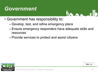 Government
• Government has responsibility to:
‒ Develop, test, and refine emergency plans
‒ Ensure emergency responders have adequate skills and
resources
‒ Provide services to protect and assist citizens
PM 1-3
CERT Basic Training Unit 1: Disaster Preparedness 1-6
 