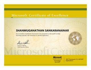 SHANMUGANATHAN SANKARANAINAR
Has successfully completed the requirements to be recognized as a Microsoft® Certified
Technology Specialist: .NET Framework 3.5, ASP.NET Applications




   Steven A. Ballmer
   Chief Executive Ofﬁcer




                                                                                         .NET Framework 3.5, ASP.NET
                                                                                         Applications
 
