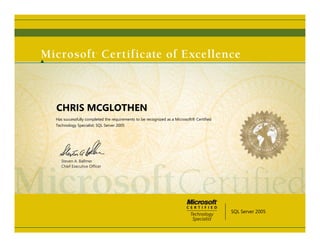 CHRIS MCGLOTHEN
Has successfully completed the requirements to be recognized as a Microsoft® Certified
Technology Specialist: SQL Server 2005




   Steven A. Ballmer
   Chief Executive Ofﬁcer




                                                                                         SQL Server 2005
 