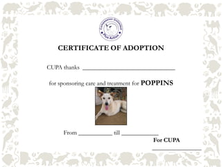 CERTIFICATE OF ADOPTION
CUPA thanks ______________________________
for sponsoring care and treatment for POPPINS
From ___________ till ____________
For CUPA
________________
 