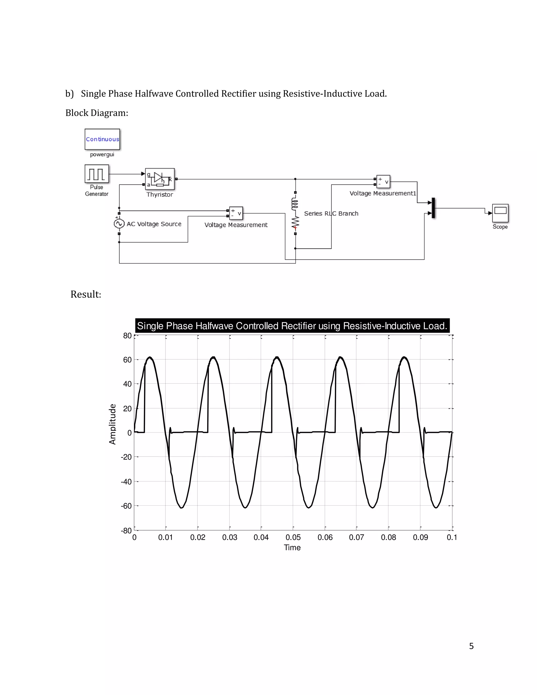 5
b) Single Phase Halfwave Controlled Rectifier using Resistive-Inductive Load.
Block Diagram:
0 0.01 0.02 0.03 0.04 0.05 0.06 0.07 0.08 0.09 0.1
-80
-60
-40
-20
0
20
40
60
80
Time
Single Phase Halfwave Controlled Rectifier using Resistive-Inductive Load.
Result:
Amplitude
 