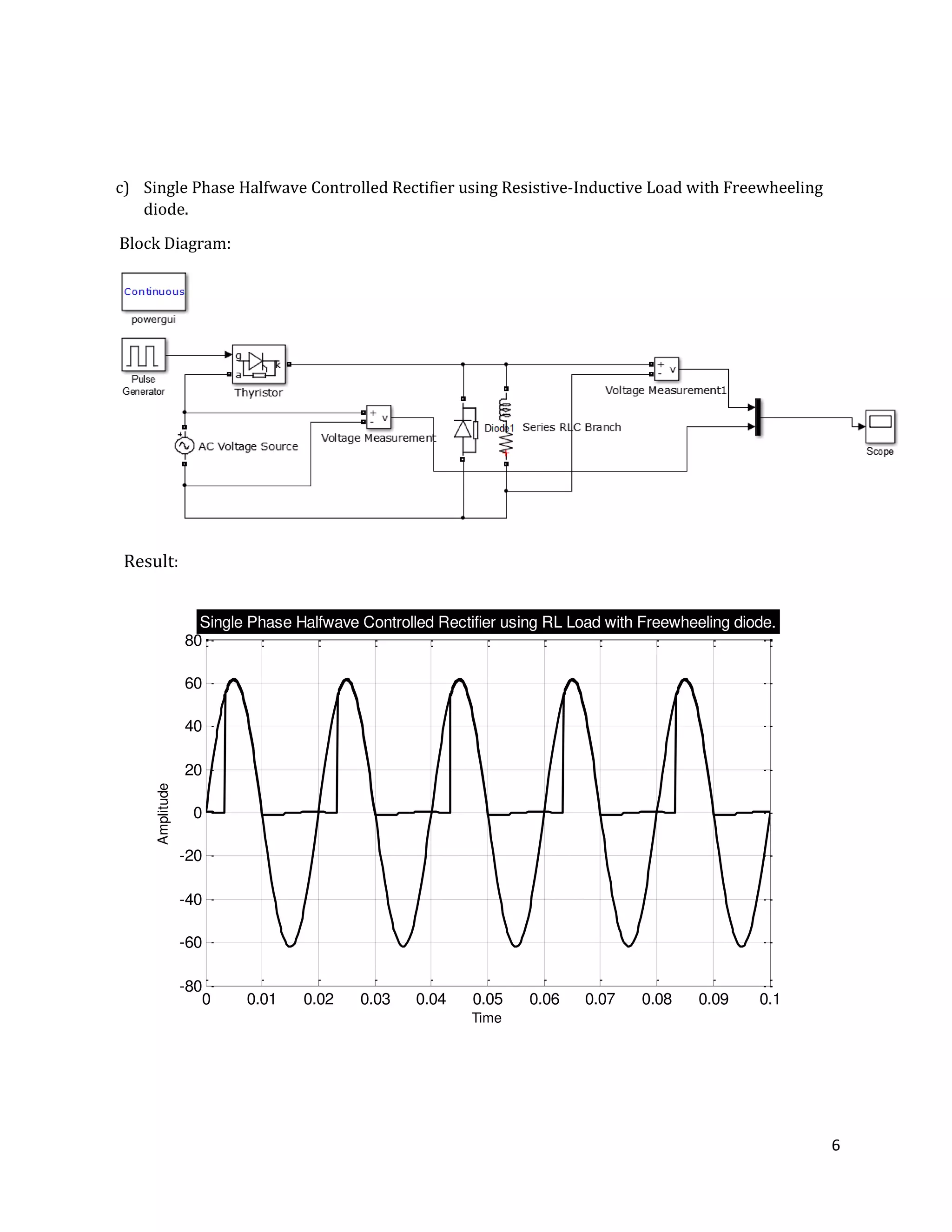 6
c) Single Phase Halfwave Controlled Rectifier using Resistive-Inductive Load with Freewheeling
diode.
Block Diagram:
0 0.01 0.02 0.03 0.04 0.05 0.06 0.07 0.08 0.09 0.1
-80
-60
-40
-20
0
20
40
60
80
Time
Amplitude
Single Phase Halfwave Controlled Rectifier using RL Load with Freewheeling diode.
Result:
 