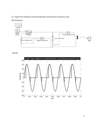 5
b) Single Phase Halfwave Controlled Rectifier using Resistive-Inductive Load.
Block Diagram:
0 0.01 0.02 0.03 0.04 0.05 0.06 0.07 0.08 0.09 0.1
-80
-60
-40
-20
0
20
40
60
80
Time
Single Phase Halfwave Controlled Rectifier using Resistive-Inductive Load.
Result:
Amplitude
 