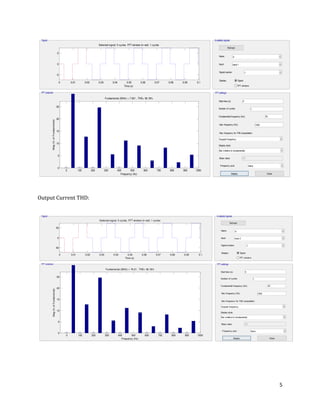5
Output Current THD:
0 0.01 0.02 0.03 0.04 0.05 0.06 0.07 0.08 0.09 0.1
-5
0
5
Selected signal: 5 cycles. FFT window (in red): 1 cycles
Time (s)
0 100 200 300 400 500 600 700 800 900 1000
0
5
10
15
20
25
Frequency (Hz)
Fundamental (50Hz) = 7.621 , THD= 36.18%
Mag(%ofFundamental)
0 0.01 0.02 0.03 0.04 0.05 0.06 0.07 0.08 0.09 0.1
-50
0
50
Selected signal: 5 cycles. FFT window (in red): 1 cycles
Time (s)
0 100 200 300 400 500 600 700 800 900 1000
0
5
10
15
20
25
Frequency (Hz)
Fundamental (50Hz) = 76.21 , THD= 36.18%
Mag(%ofFundamental)
 